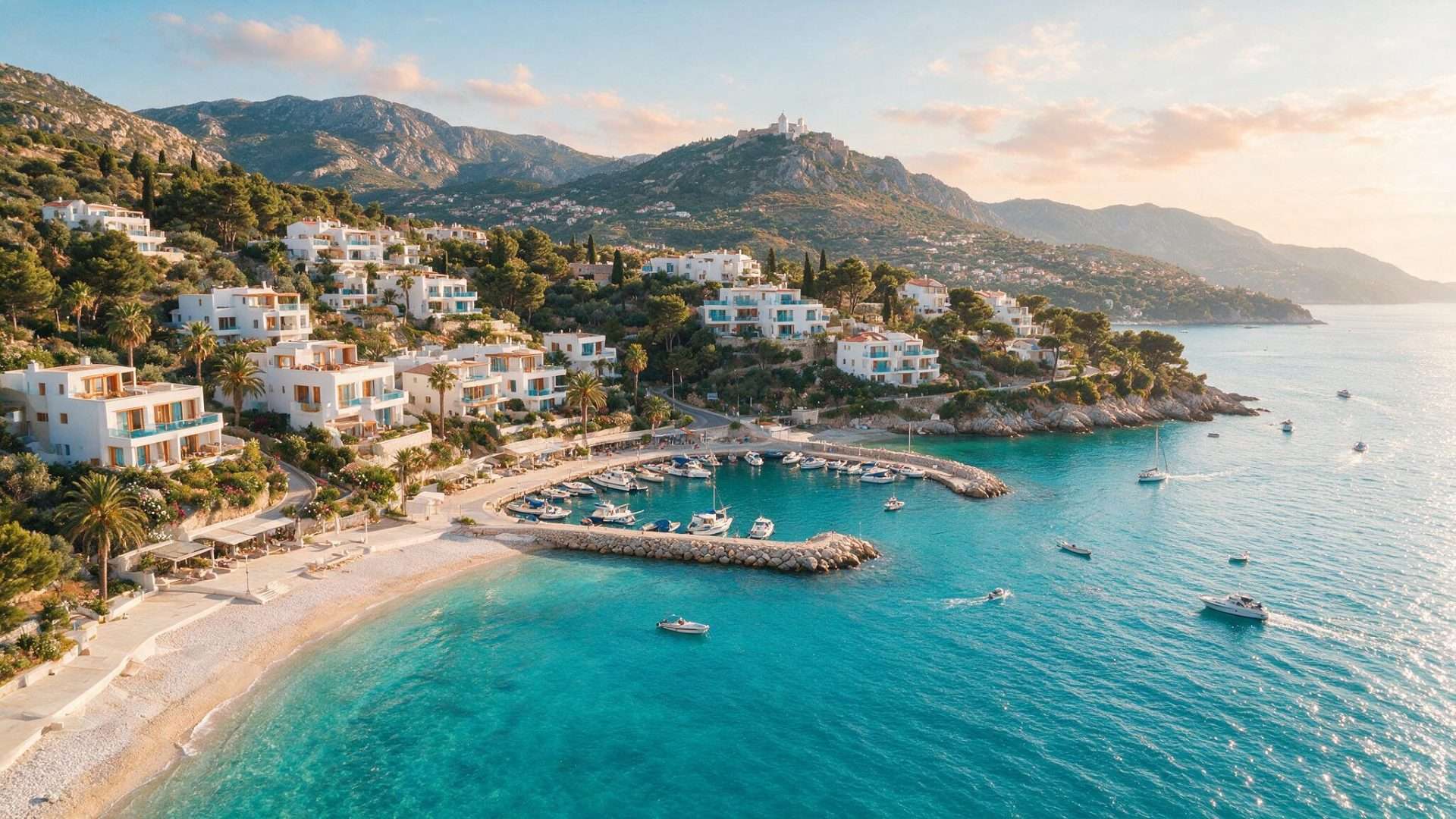 Aerial view of Vlora bay, Albania — turquoise Adriatic coastline with modern Mediterranean apartments and marina