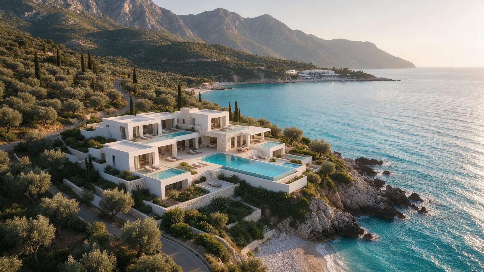 Aerial view of luxury villa complex overlooking the Ionian Sea between Dhërmi and Palasa on the Albanian Riviera