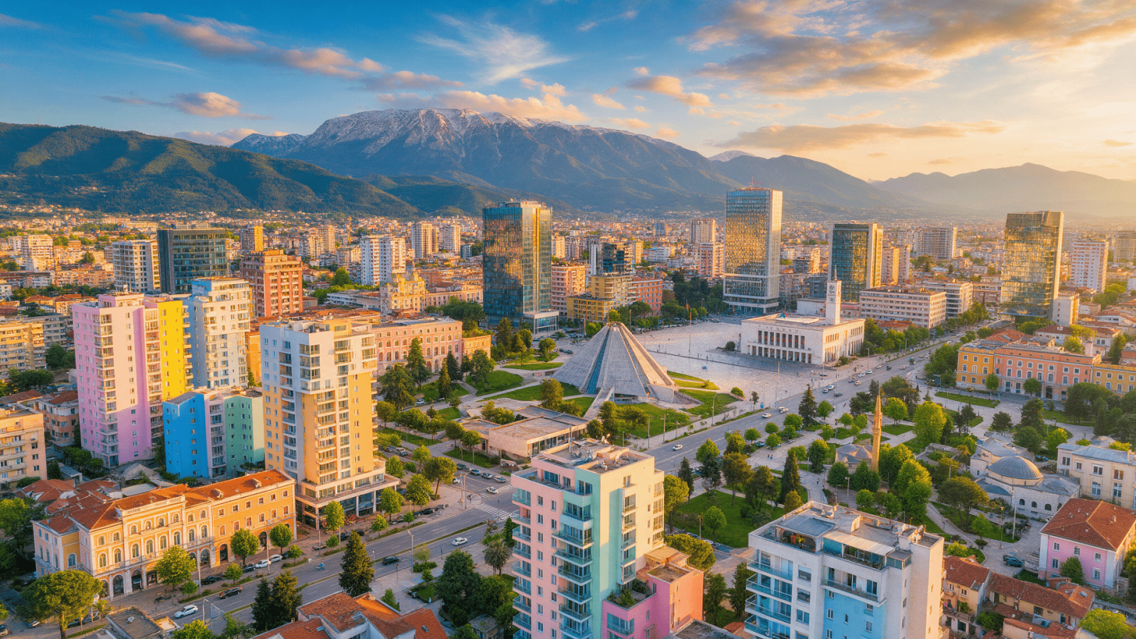 Tirana Albania city skyline at golden hour with modern apartment towers and Dajti mountain — Tirana real estate 2026
