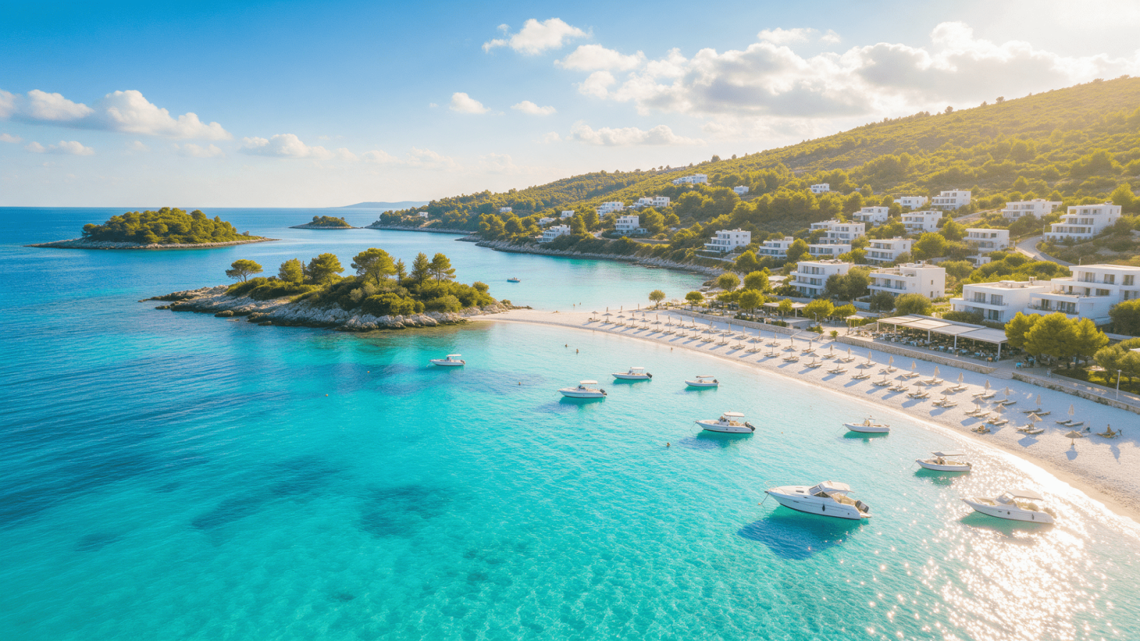 Aerial view of Ksamil, Albania with turquoise sea, white sandy beaches, small islands and modern coastal apartments
