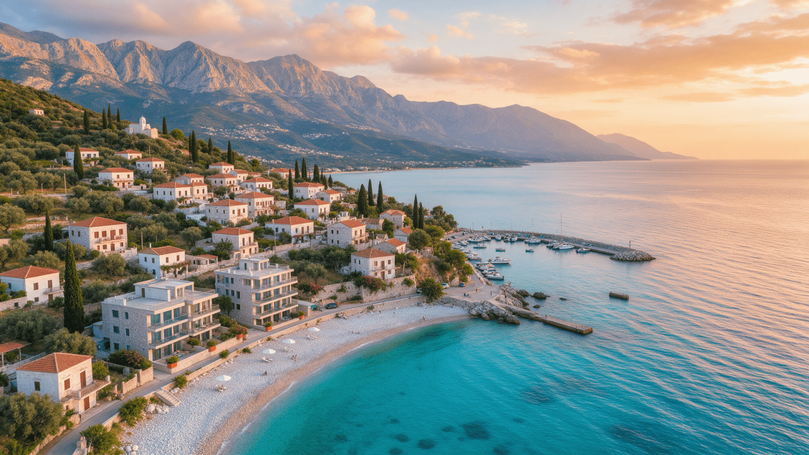 Aerial view of Himara on the Albanian Riviera with turquoise Ionian Sea, hillside villas and sea-view apartments at sunset