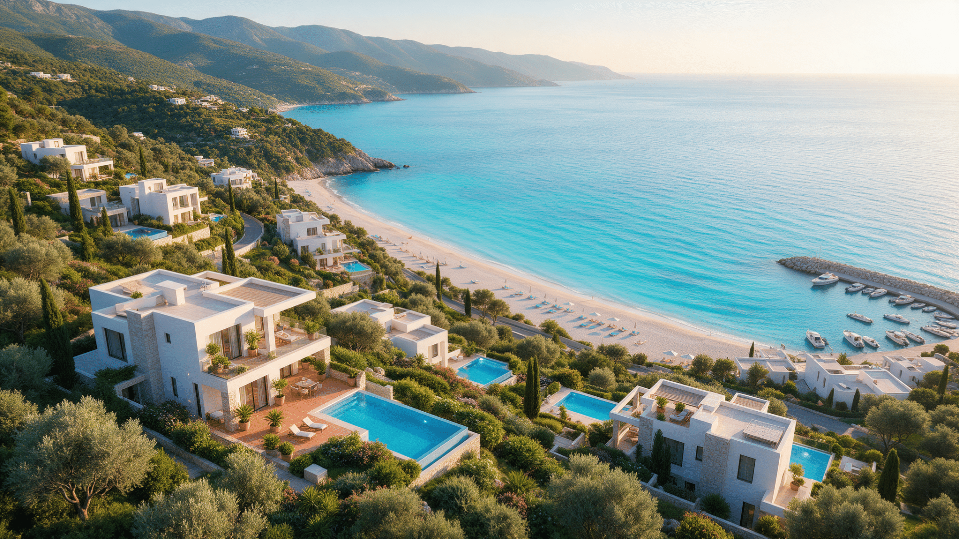 Aerial view of modern white villas on the Albanian Riviera coastline overlooking a turquoise Ionian Sea at golden hour