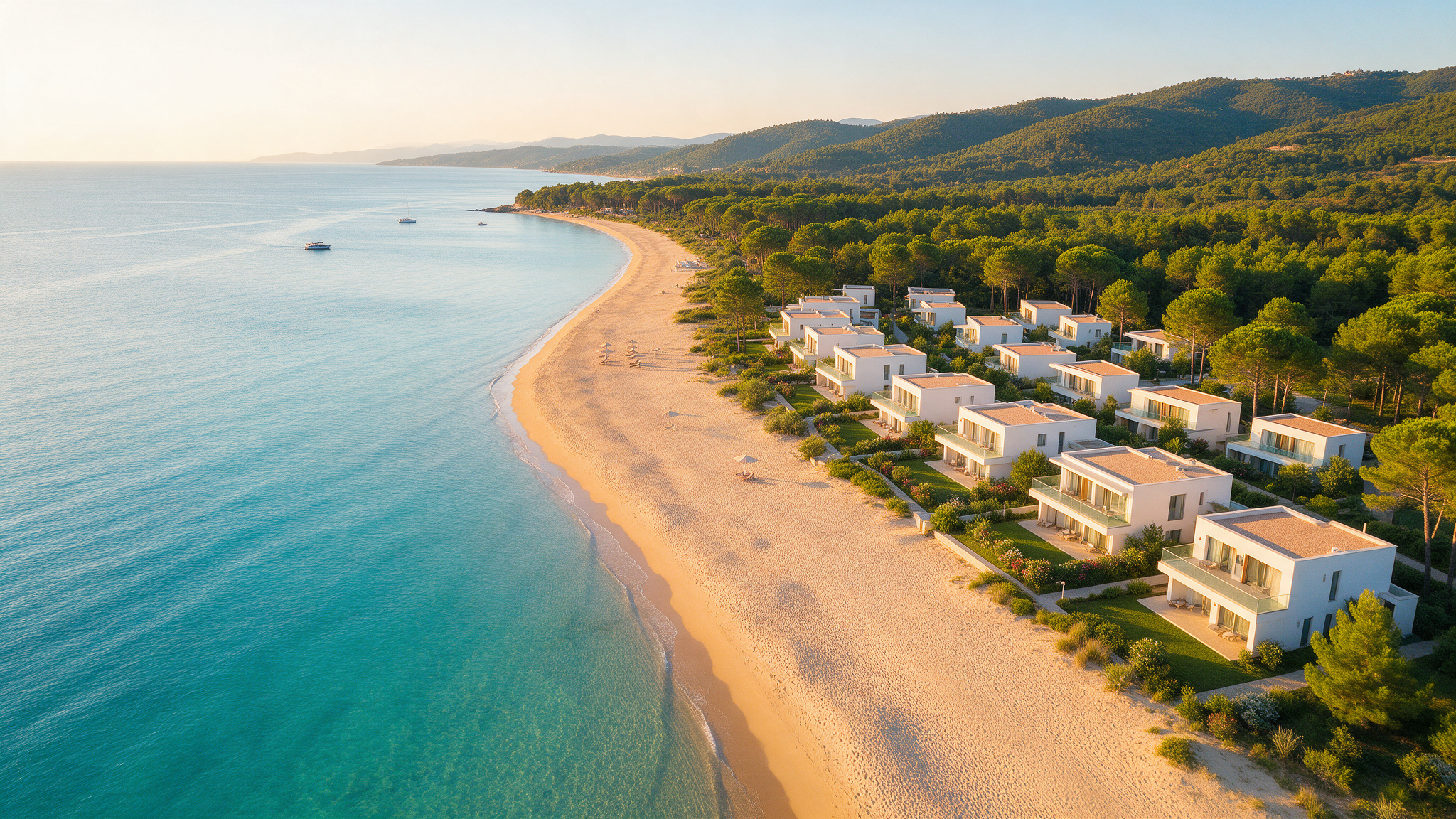Aerial view of Lalzit Bay on the northern Albanian coast with golden sand, turquoise sea and modern resort villas