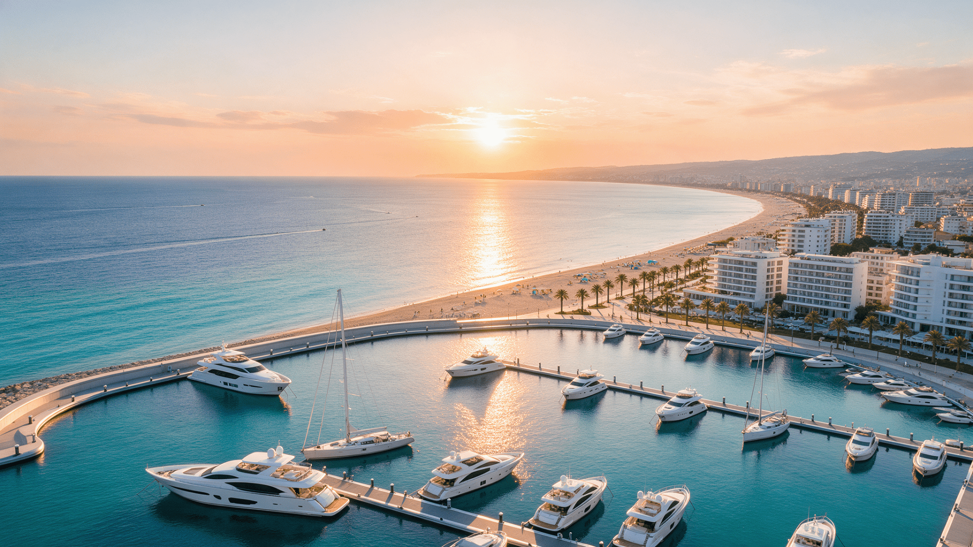 Aerial view of Durrës, Albania coastline with modern yacht marina, seafront apartments and turquoise Adriatic sea at golden hour
