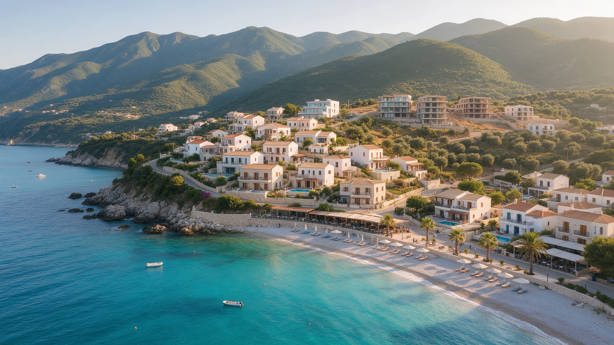 Aerial view of an emerging Albanian Riviera coastal town with turquoise Ionian Sea, hillside villas and new-build apartments