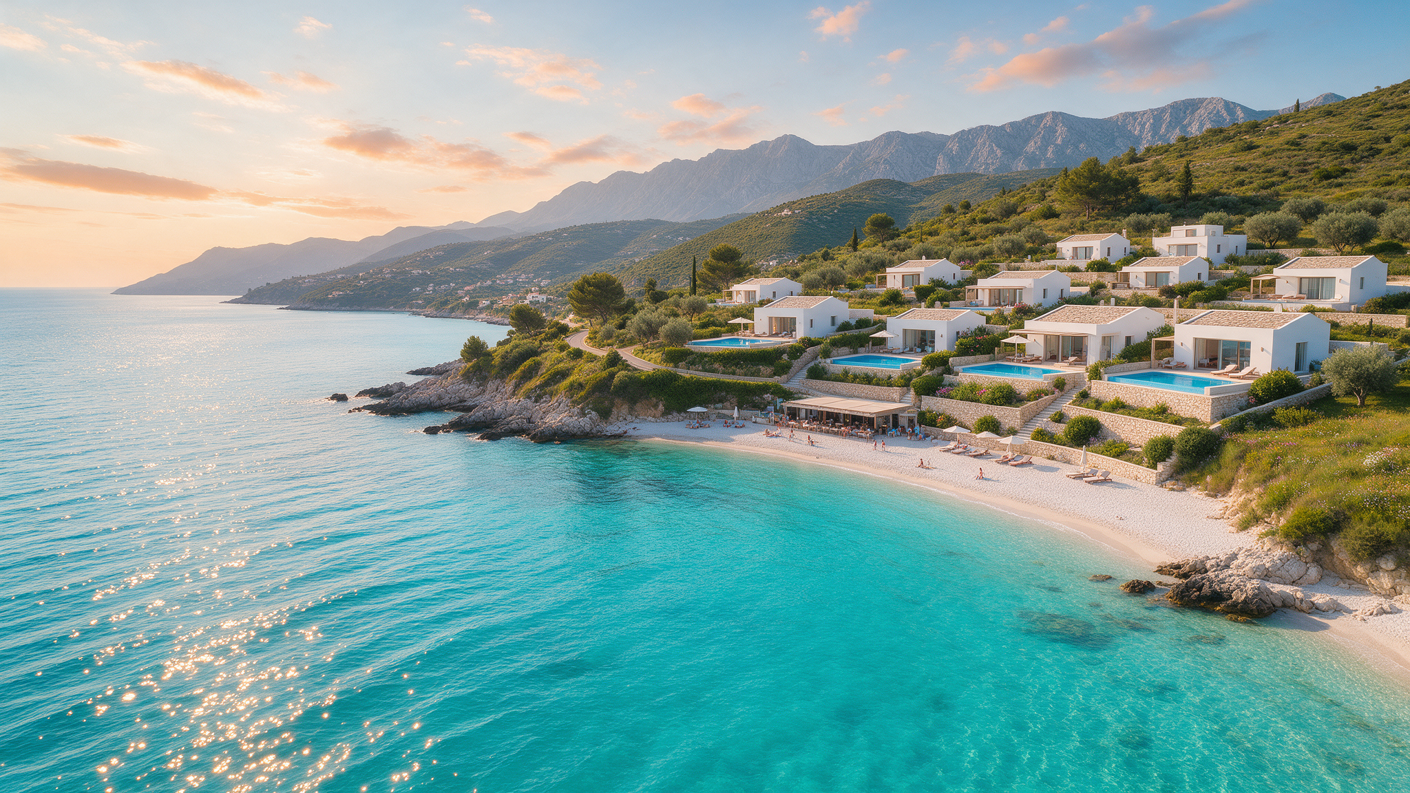 Aerial view of the Albanian Riviera coast with modern white villas, a crescent beach and turquoise sea at golden hour