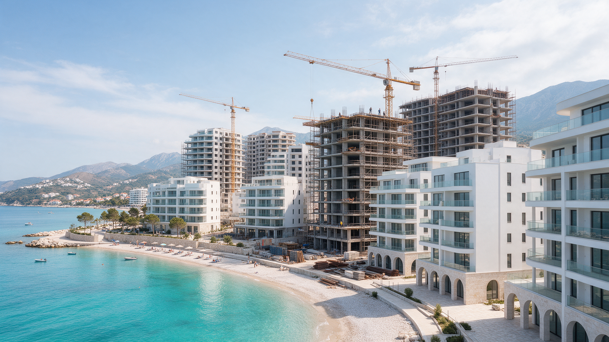 New seafront apartment buildings under construction overlooking the Mediterranean on the Albanian Riviera