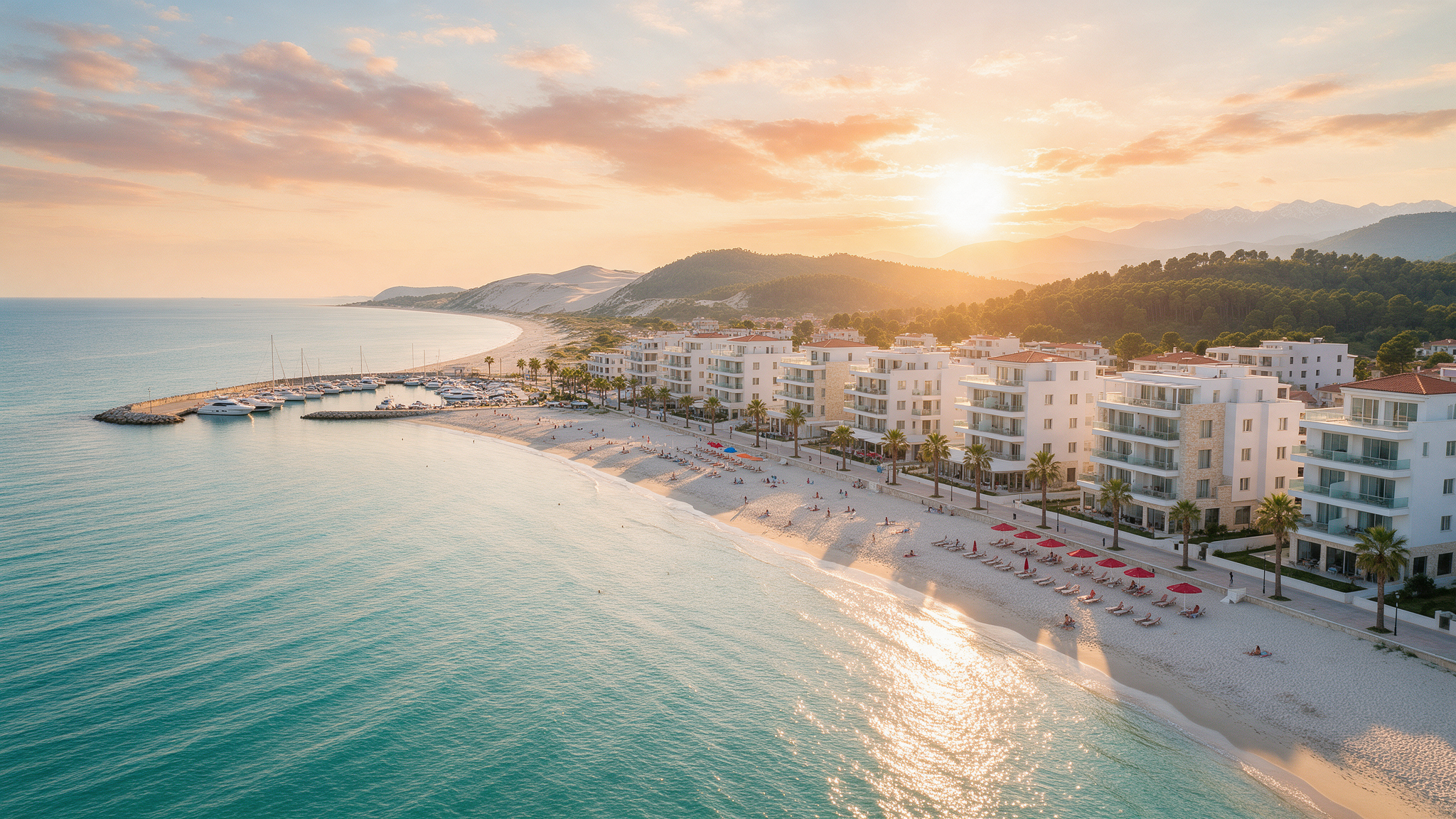 Aerial view of Shëngjin beach and modern apartment buildings on the northern Albanian Adriatic coast at sunset